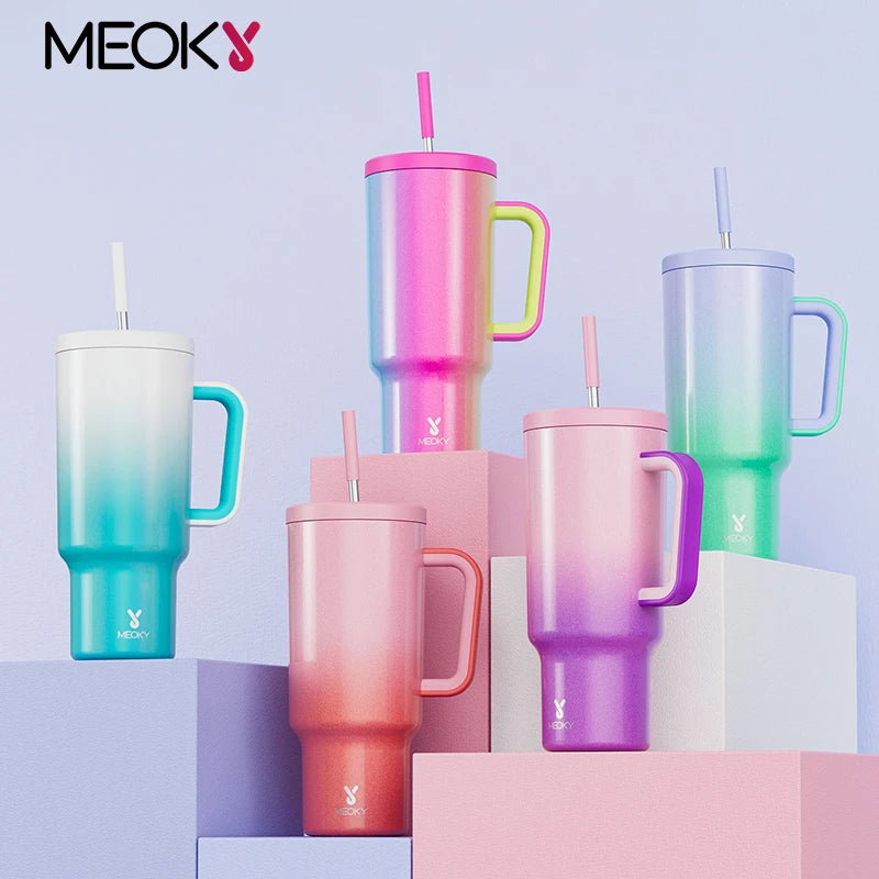 Meoky 40oz Cup Tumbler with Handle Straw Stainless Steel Multi-Prints Coffee Cup Travel Water Bottle Leak-Proof Car Mug