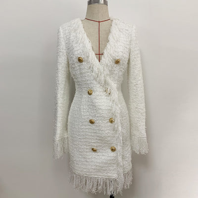 Lux Designer Runway Long Sleeve Fringed Tweed Tassel Dress