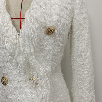 Lux Designer Runway Long Sleeve Fringed Tweed Tassel Dress
